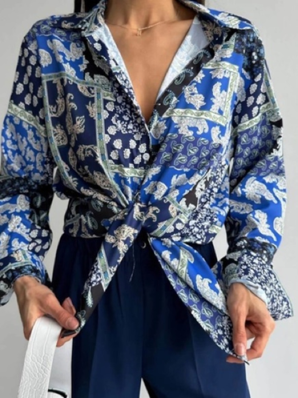 Zara Blue Paisley patchwork print blouse, size Large